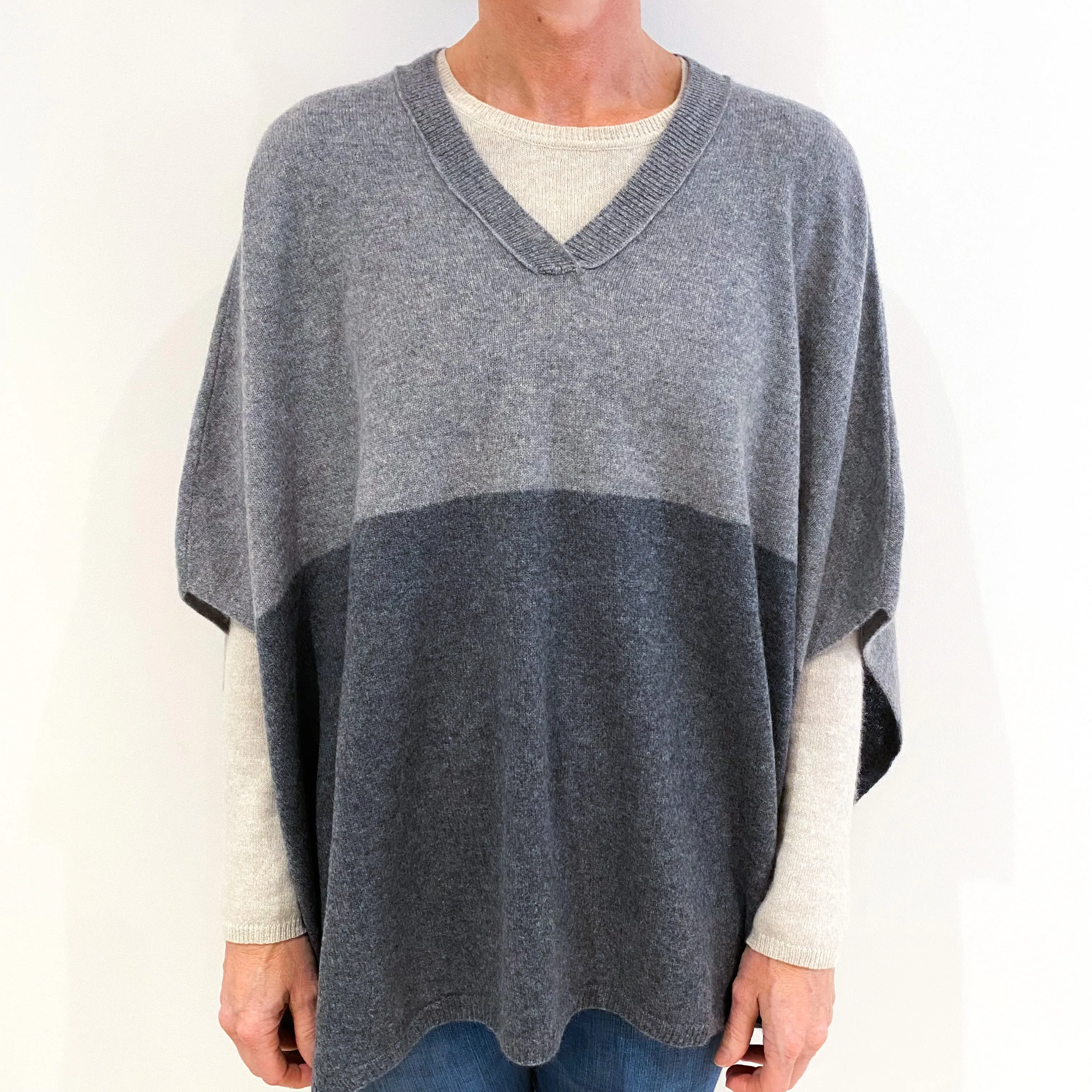 Grey Colour Block Cashmere V-Neck Poncho One Size