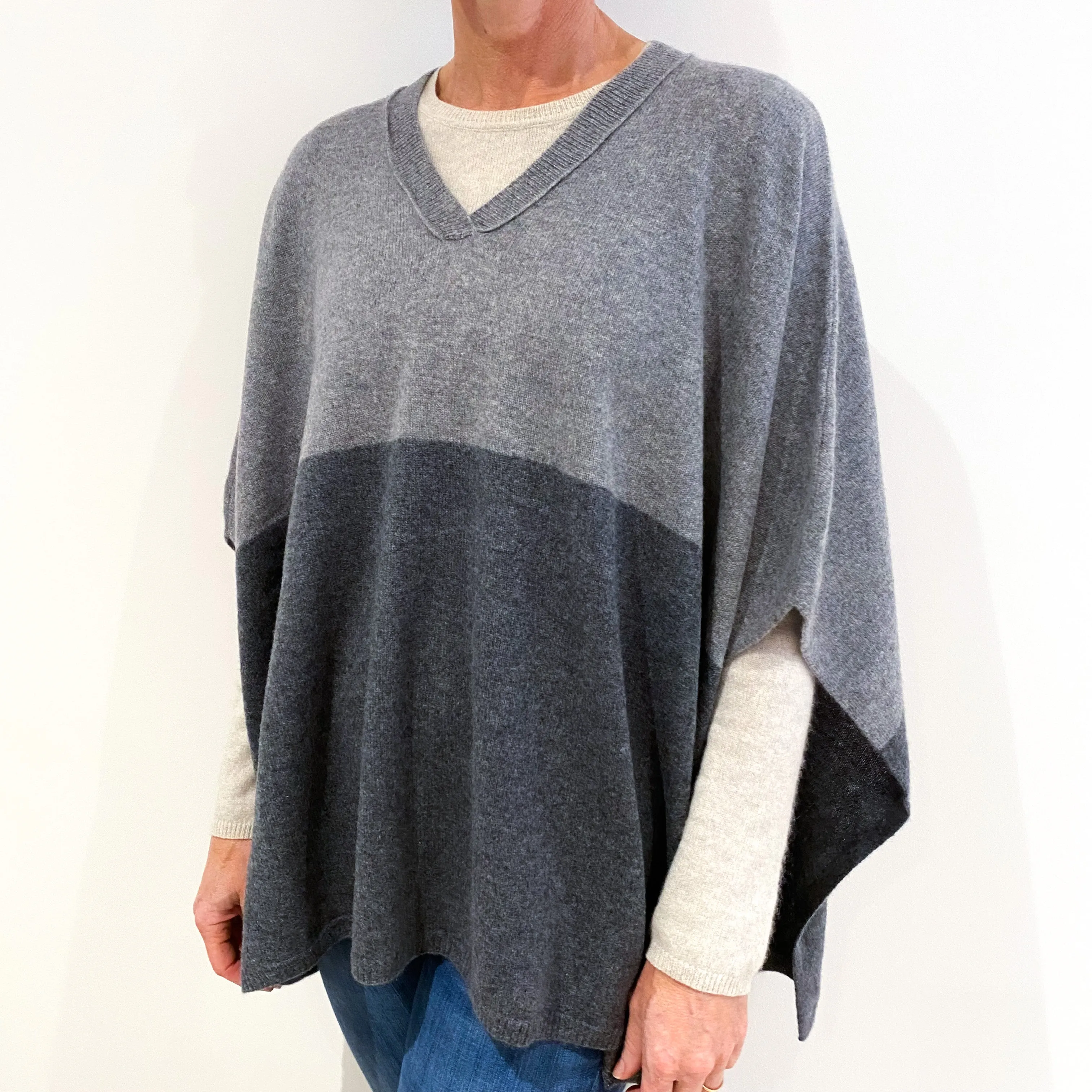 Grey Colour Block Cashmere V-Neck Poncho One Size