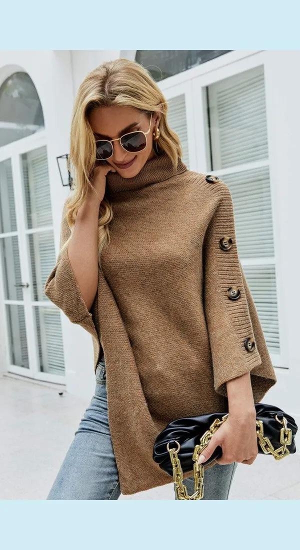 Handkerchief Hem Turtleneck Poncho Sweater