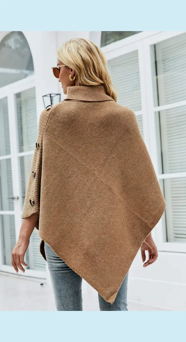 Handkerchief Hem Turtleneck Poncho Sweater