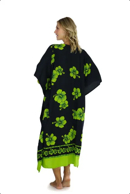 Hibiscus Top Quality Long Poncho Kaftan in Lime Green / Black