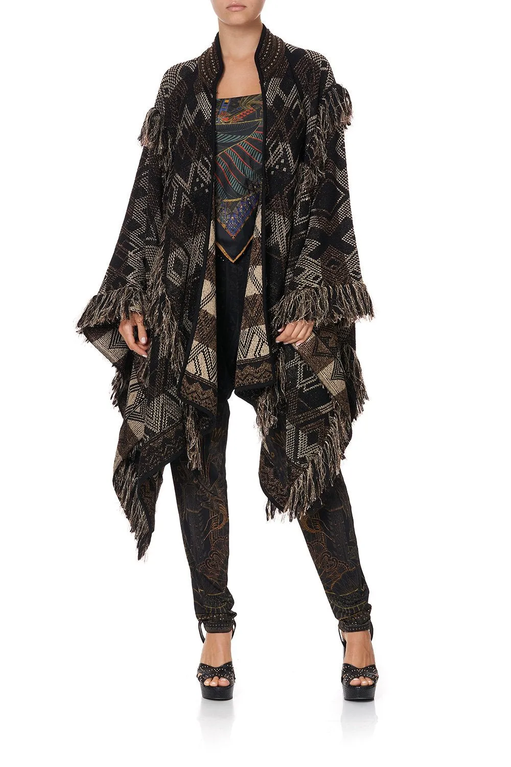 HIGH NECK KNIT JACQUARD PONCHO WITH TASSELS FLIGHT OF AMUN-RA