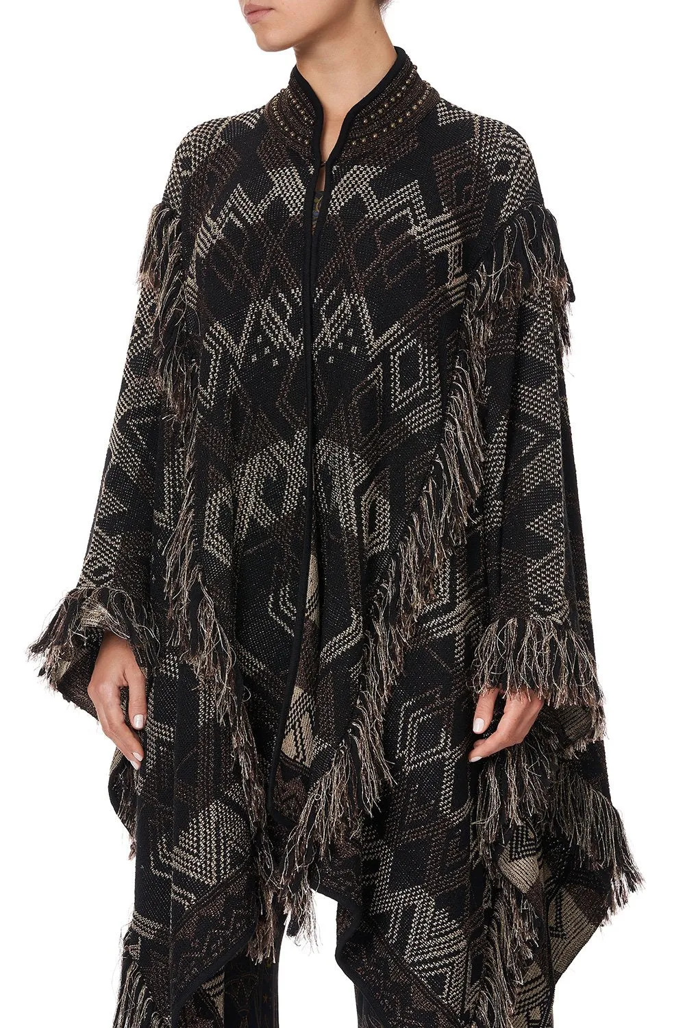 HIGH NECK KNIT JACQUARD PONCHO WITH TASSELS FLIGHT OF AMUN-RA