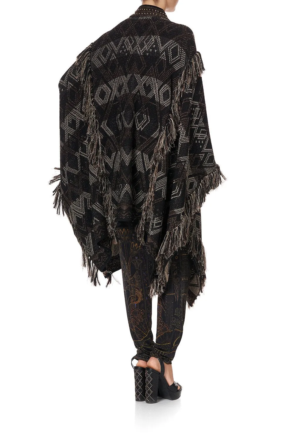 HIGH NECK KNIT JACQUARD PONCHO WITH TASSELS FLIGHT OF AMUN-RA