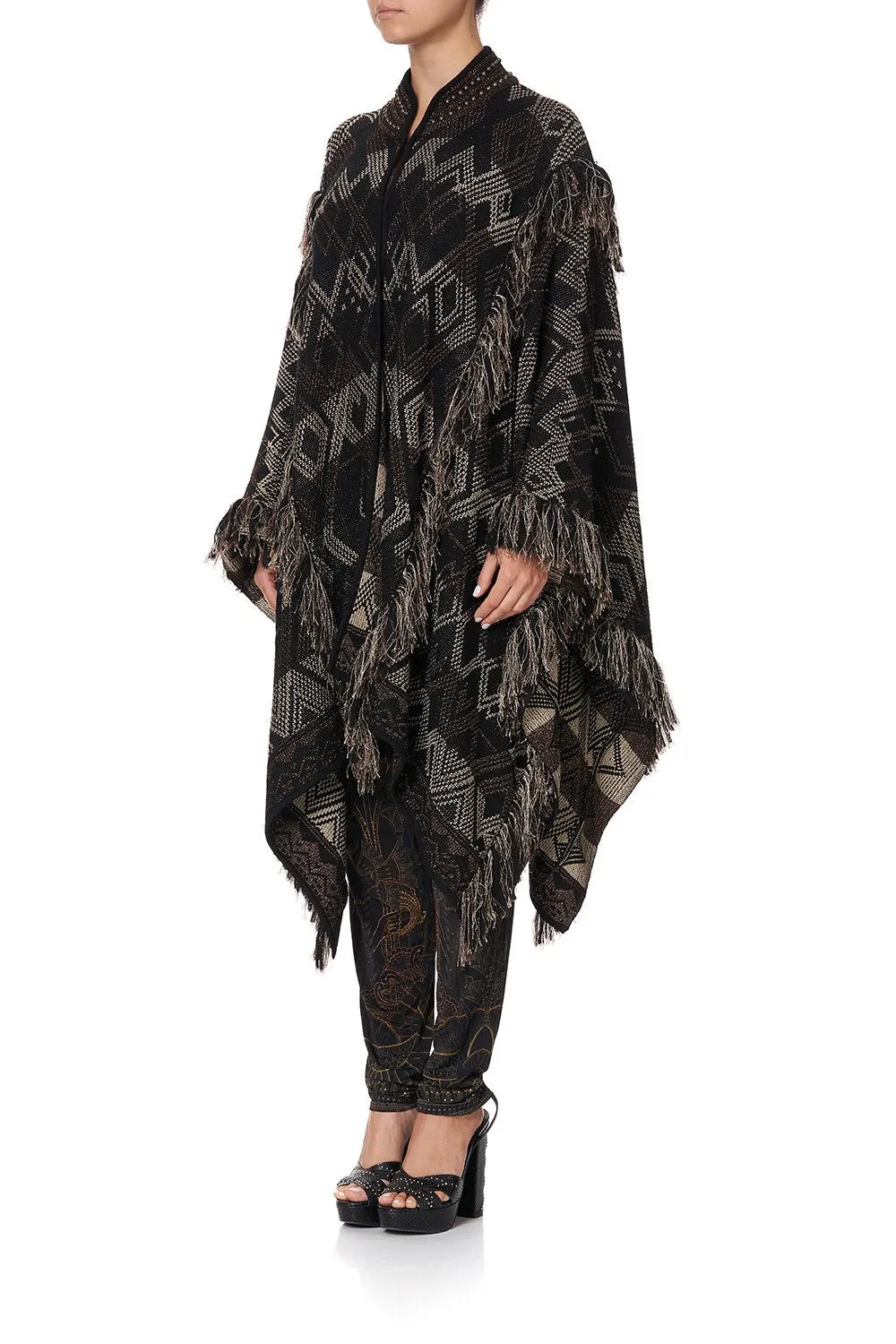 HIGH NECK KNIT JACQUARD PONCHO WITH TASSELS FLIGHT OF AMUN-RA