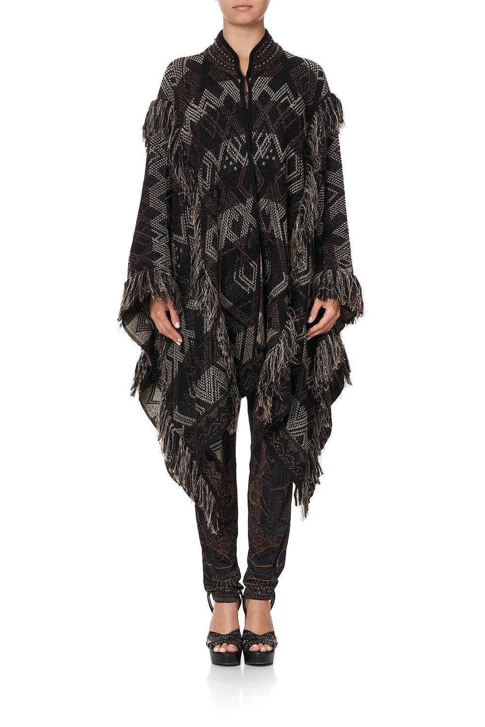 HIGH NECK KNIT JACQUARD PONCHO WITH TASSELS FLIGHT OF AMUN-RA