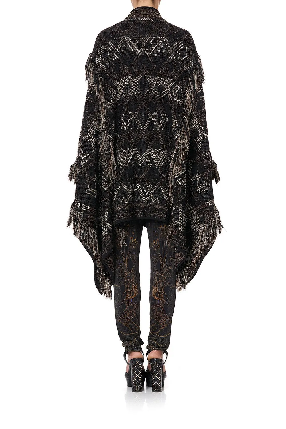 HIGH NECK KNIT JACQUARD PONCHO WITH TASSELS FLIGHT OF AMUN-RA