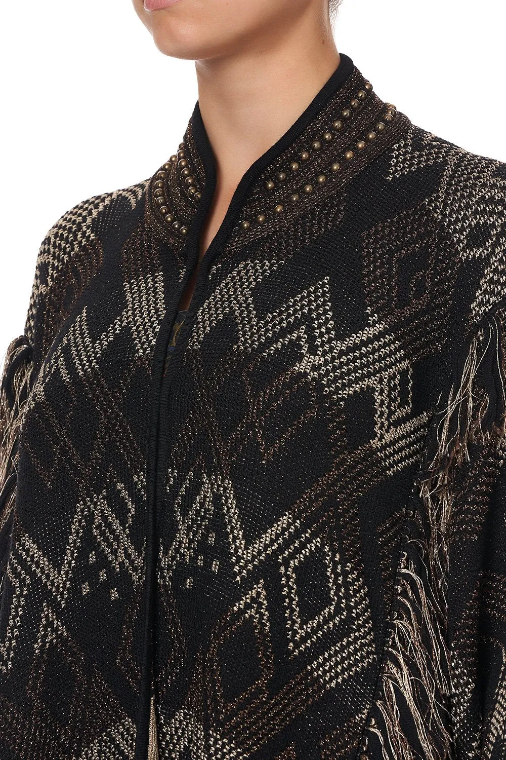 HIGH NECK KNIT JACQUARD PONCHO WITH TASSELS FLIGHT OF AMUN-RA