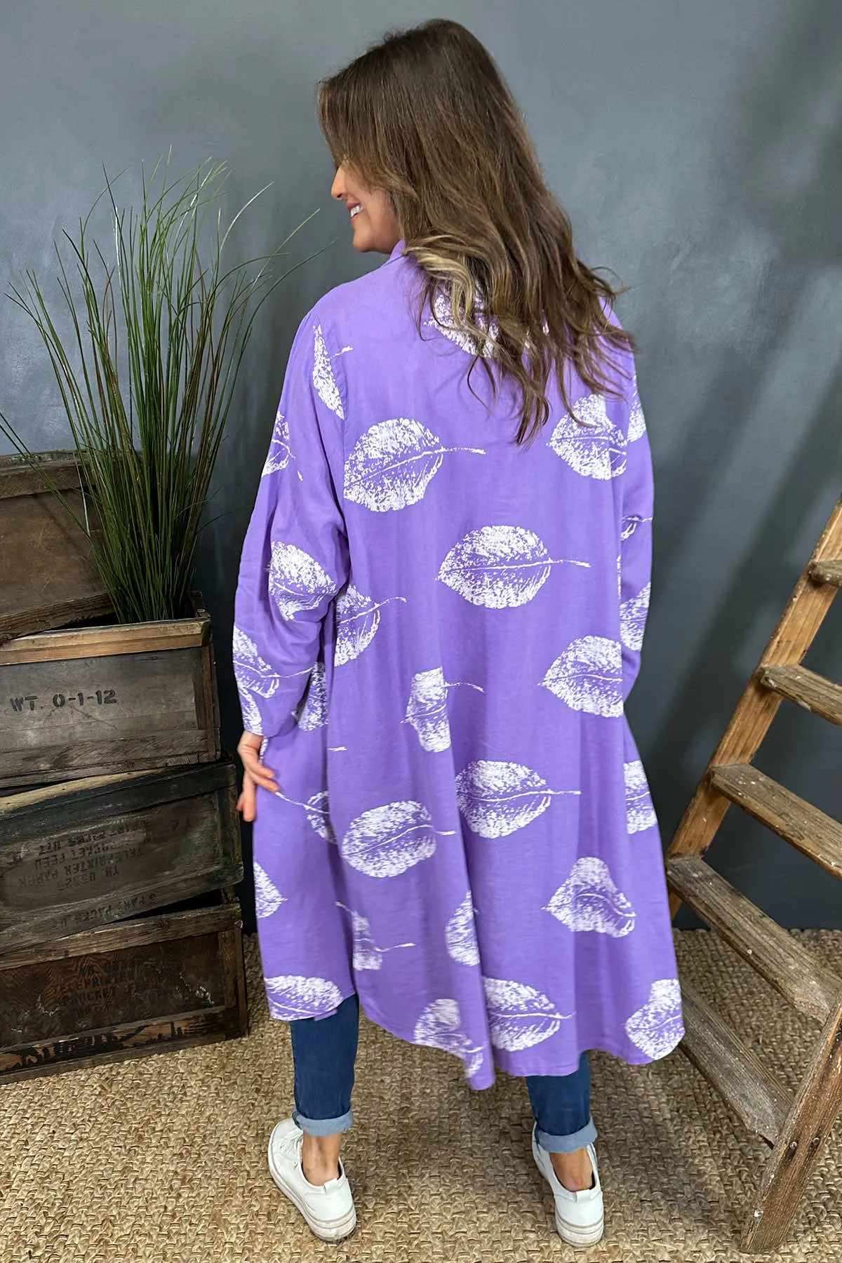 Irene Print Button Linen Tunic Purple