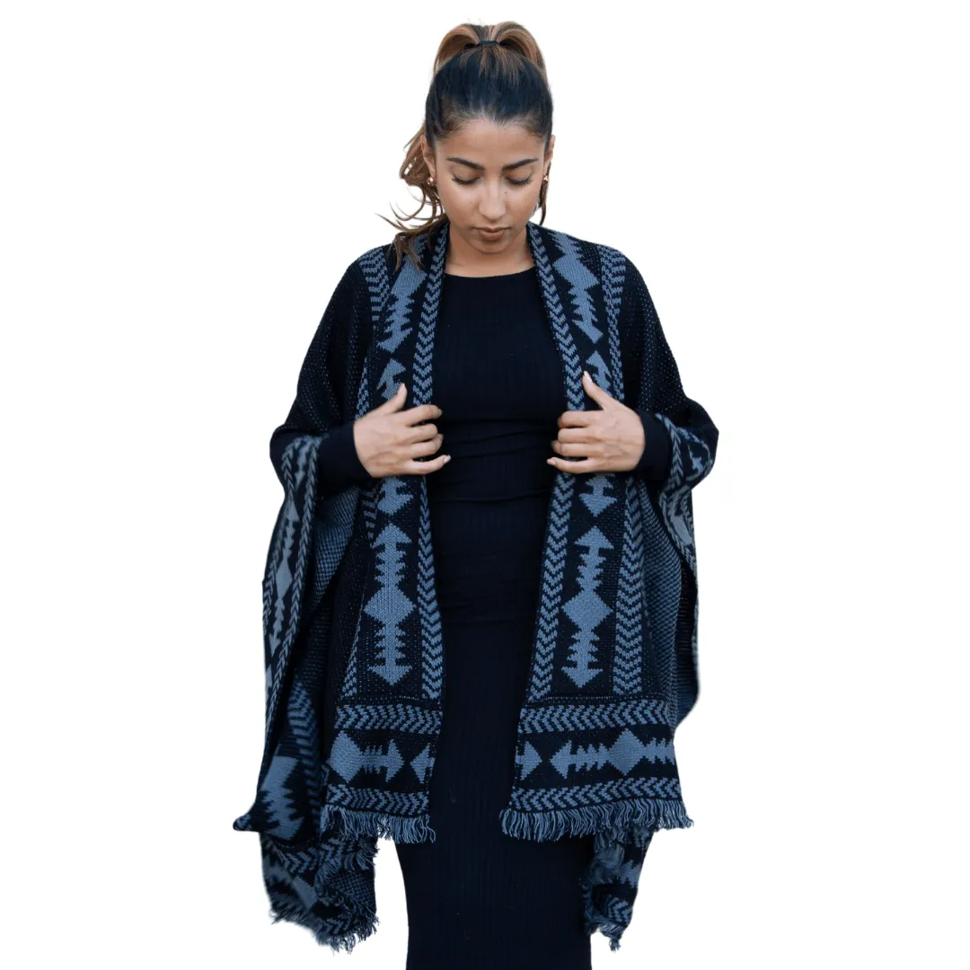 Jacquard Poncho With Fringe