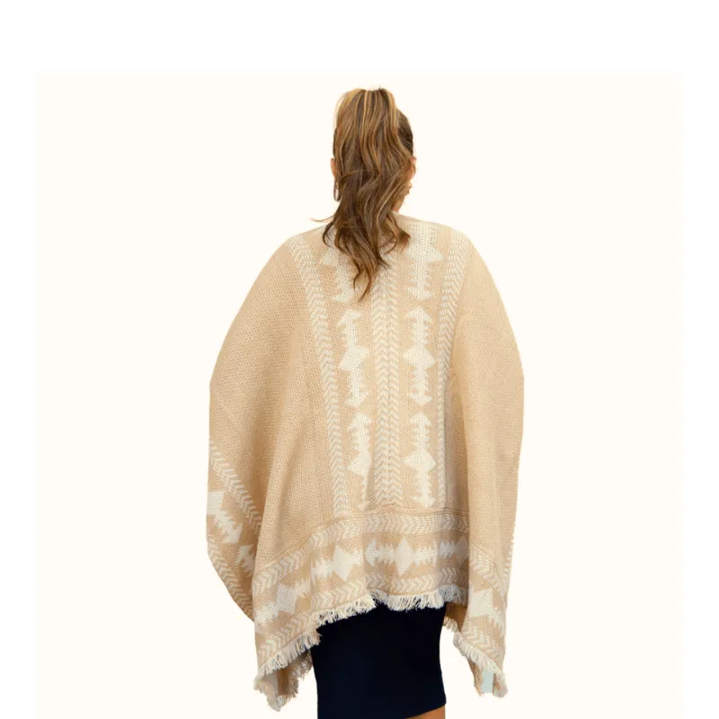 Jacquard Poncho With Fringe