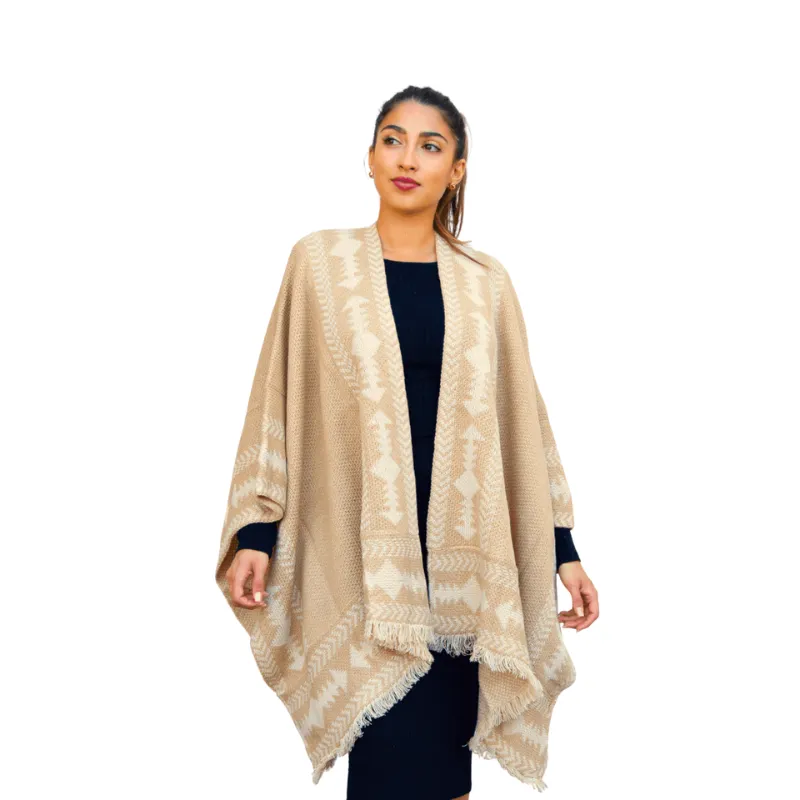 Jacquard Poncho With Fringe