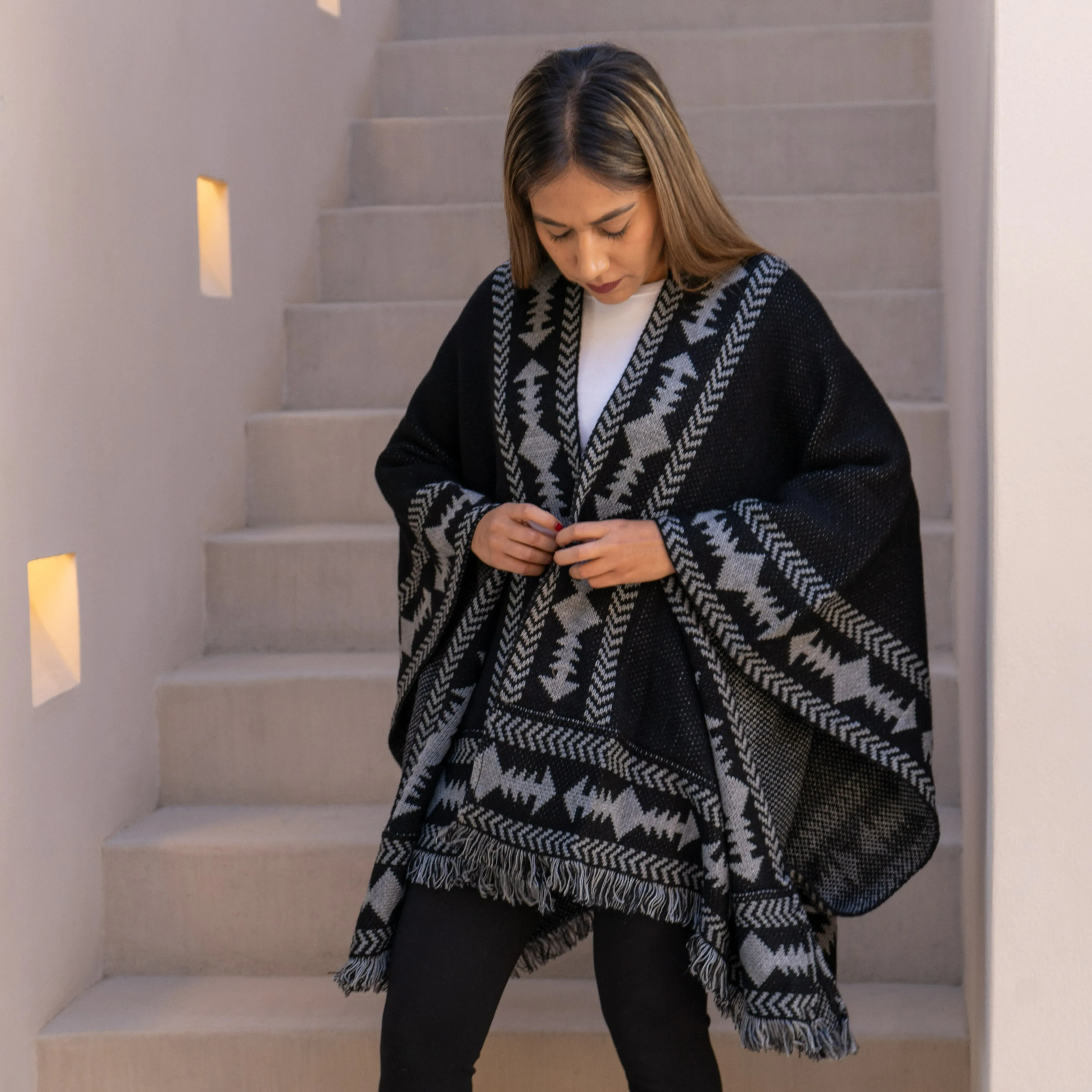 Jacquard Poncho With Fringe