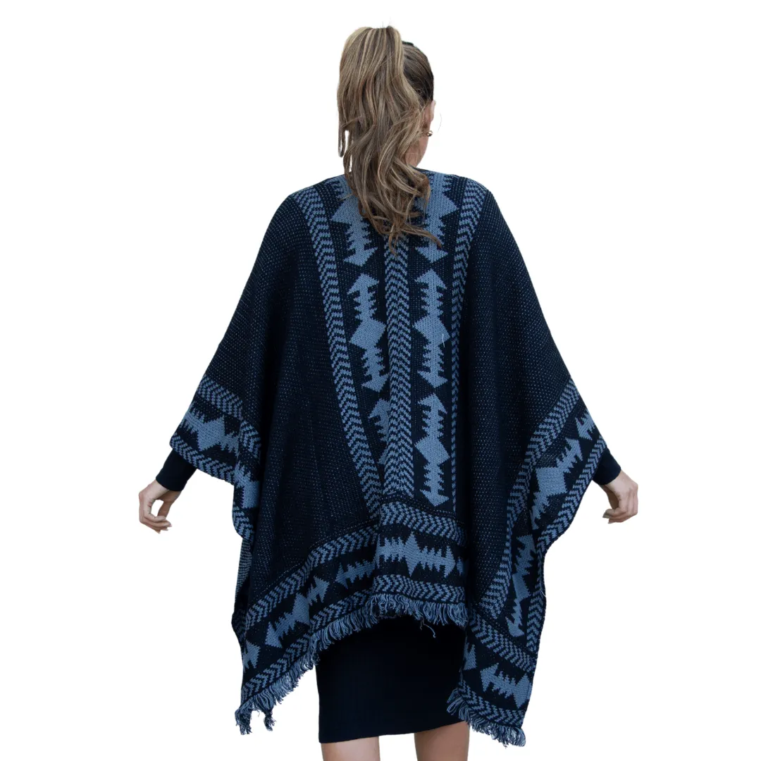 Jacquard Poncho With Fringe