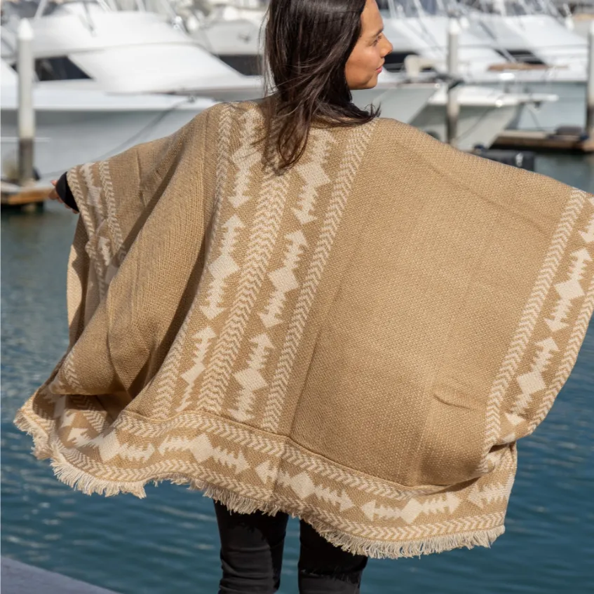 Jacquard Poncho With Fringe