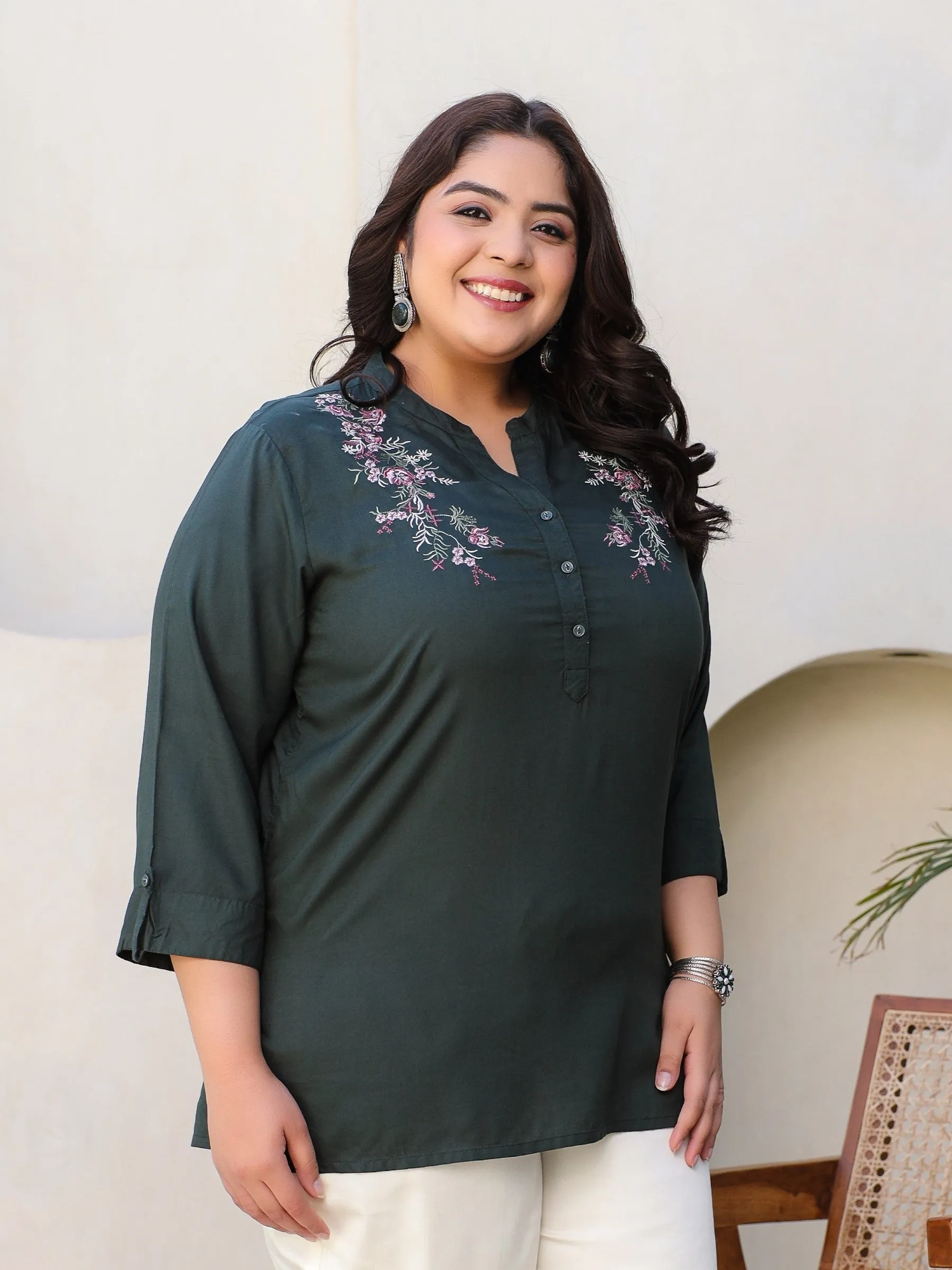 Juniper Green Modal Rayon Floral Embroidered Plus Size Tunic With Half Placket