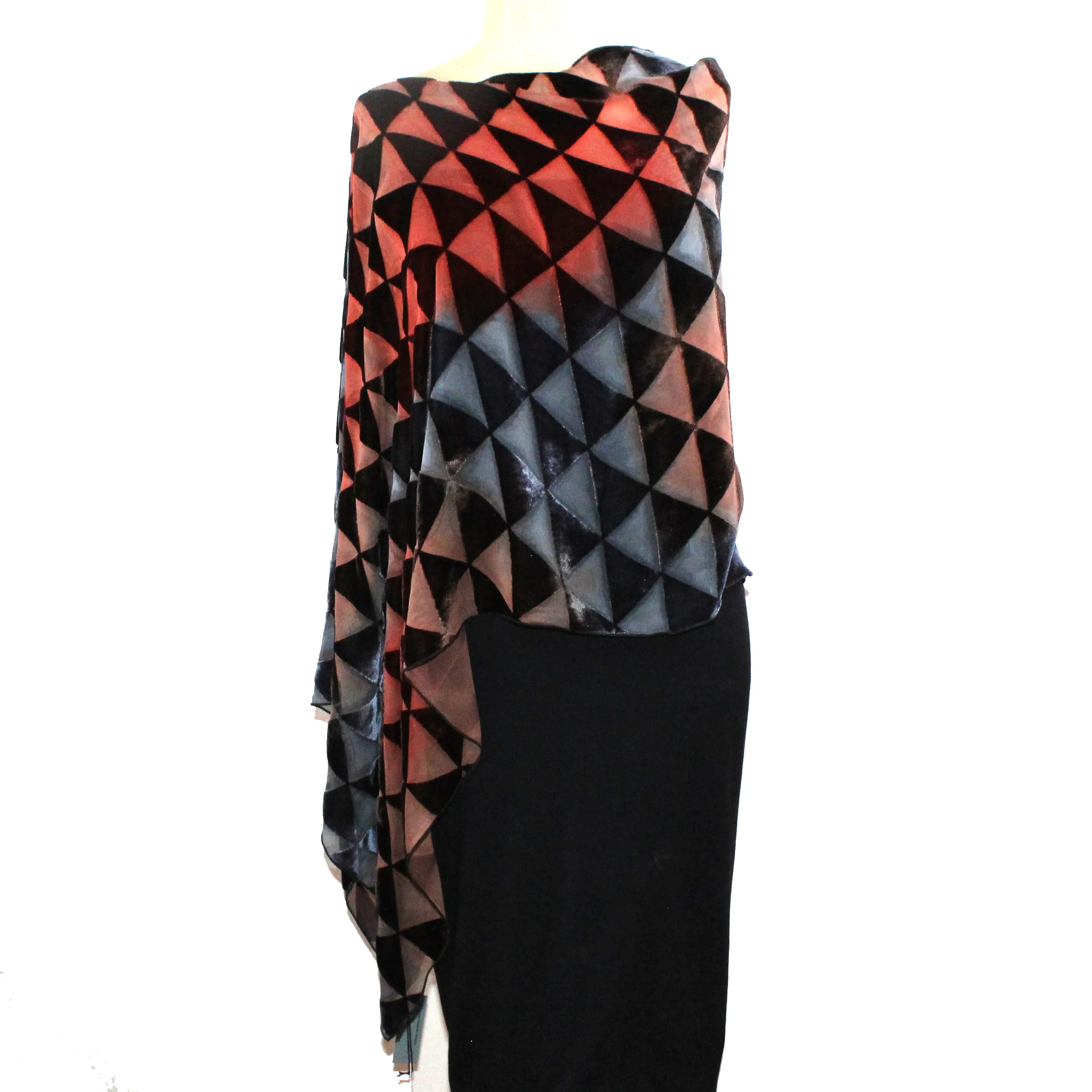 Kay Chapman Poncho, Cut Velvet, Triangle, Grey/Rust, OS