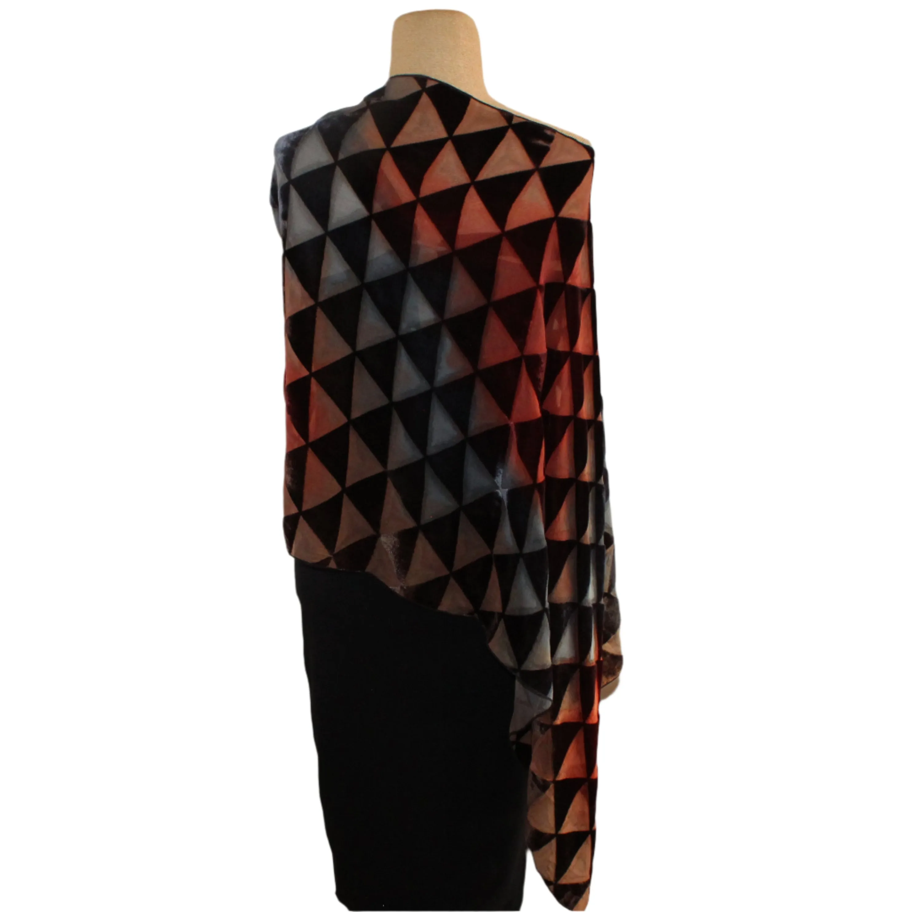 Kay Chapman Poncho, Cut Velvet, Triangles, Rust/Grey, OS