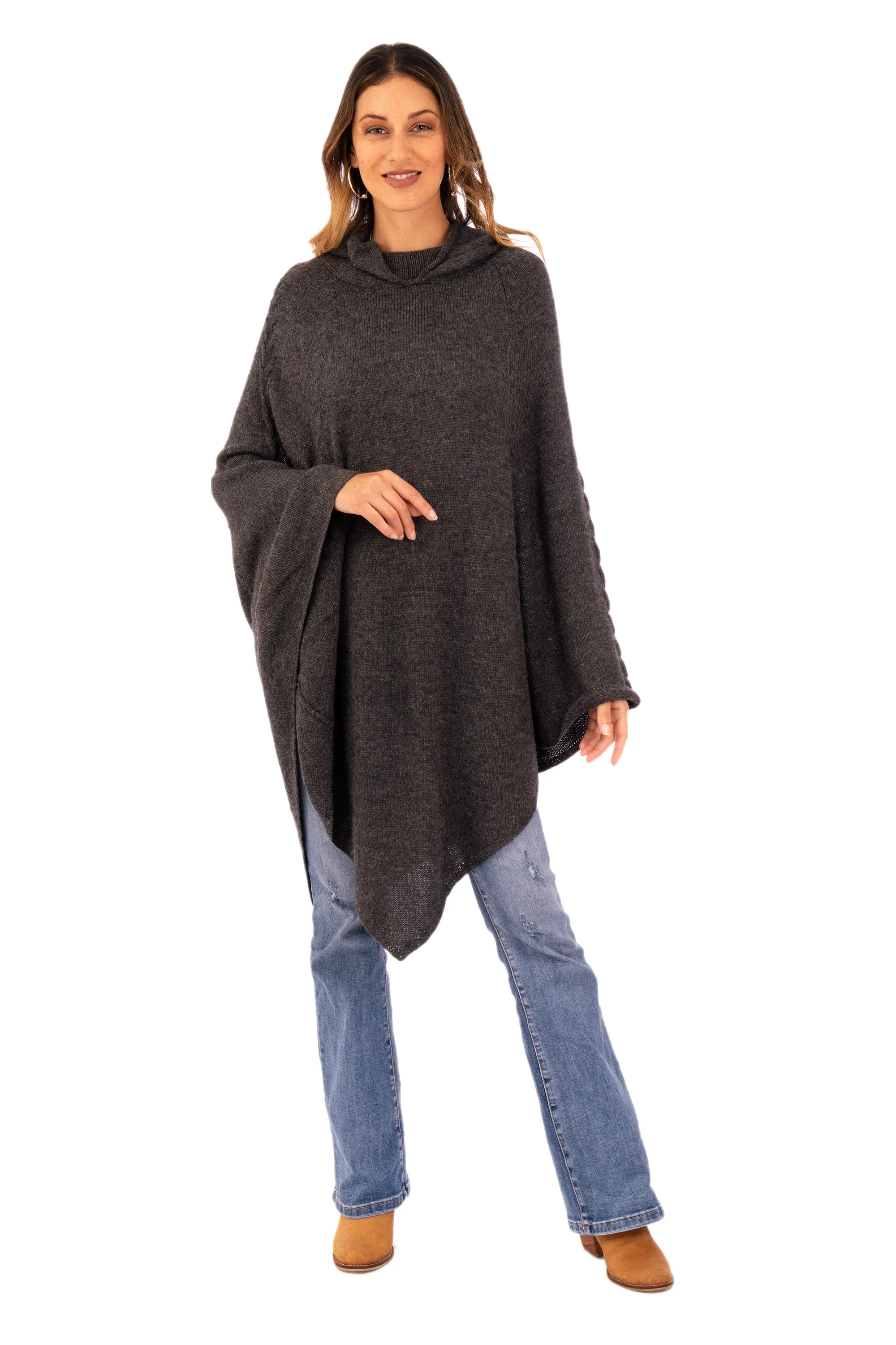 Knit Alpaca Blend Hooded Poncho in Graphite from Peru - Adventurous Style in Slate | NOVICA