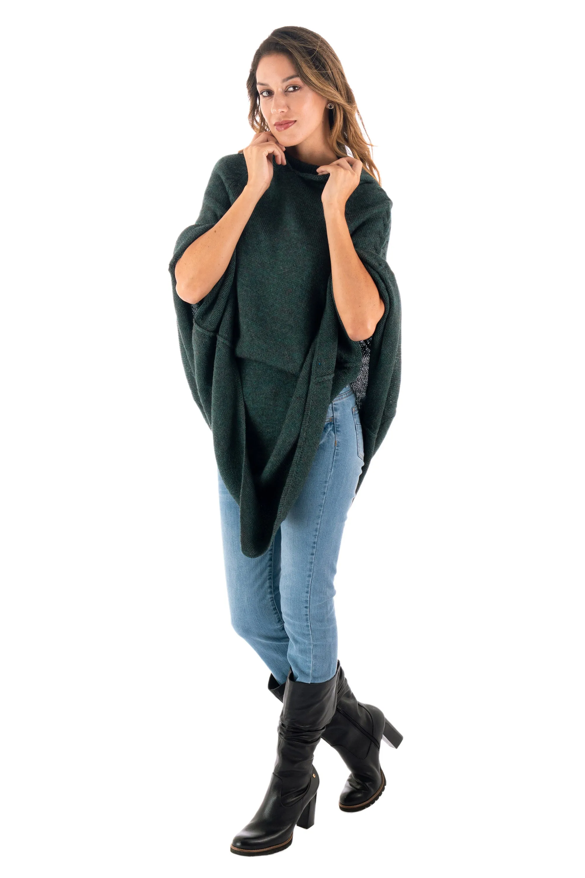 Knit Alpaca Blend Hooded Poncho in Moss from Peru - Adventurous Style in Moss | NOVICA