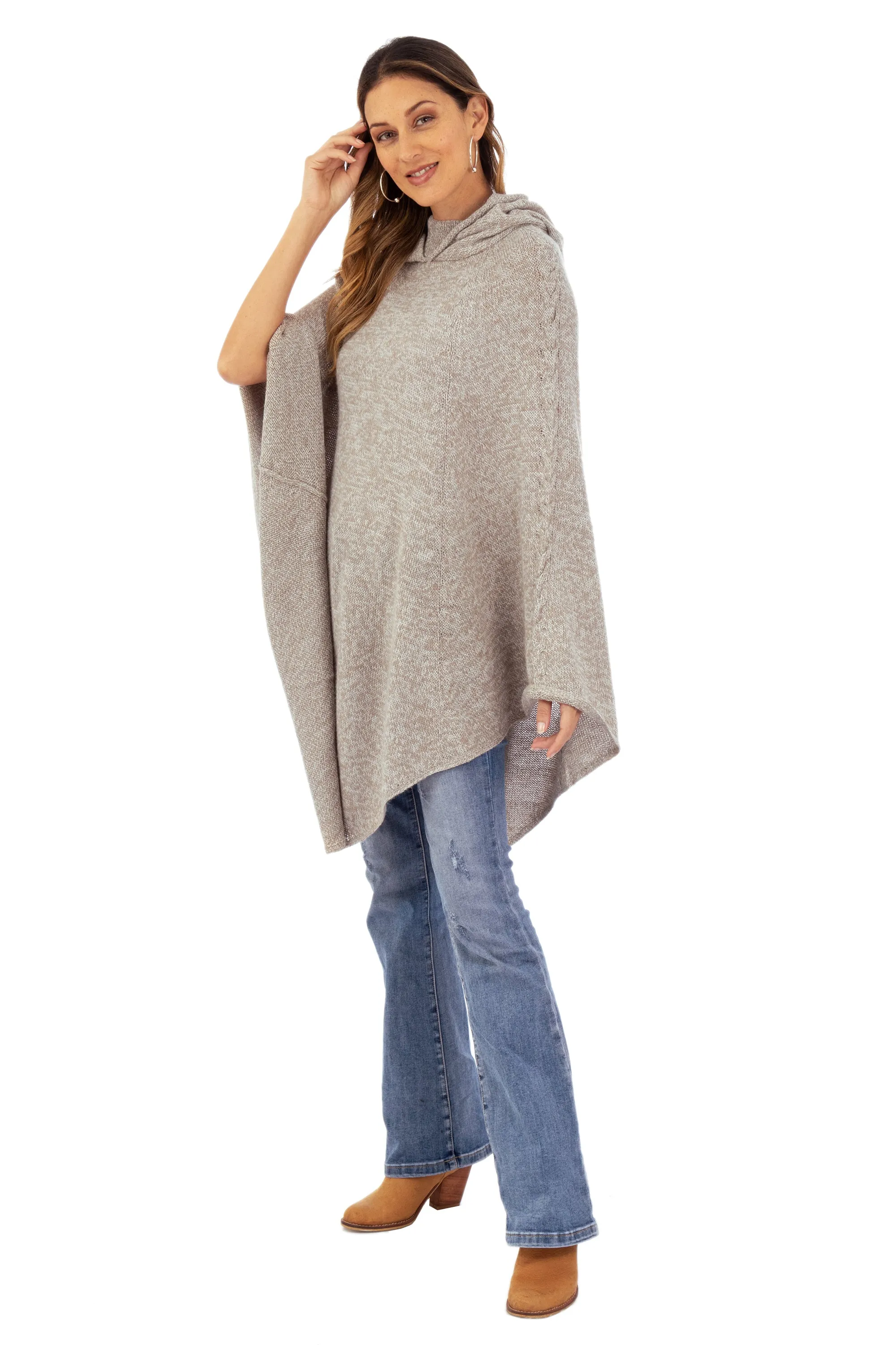 Knit Alpaca Blend Hooded Poncho in Taupe from Peru - Adventurous Style in Taupe | NOVICA