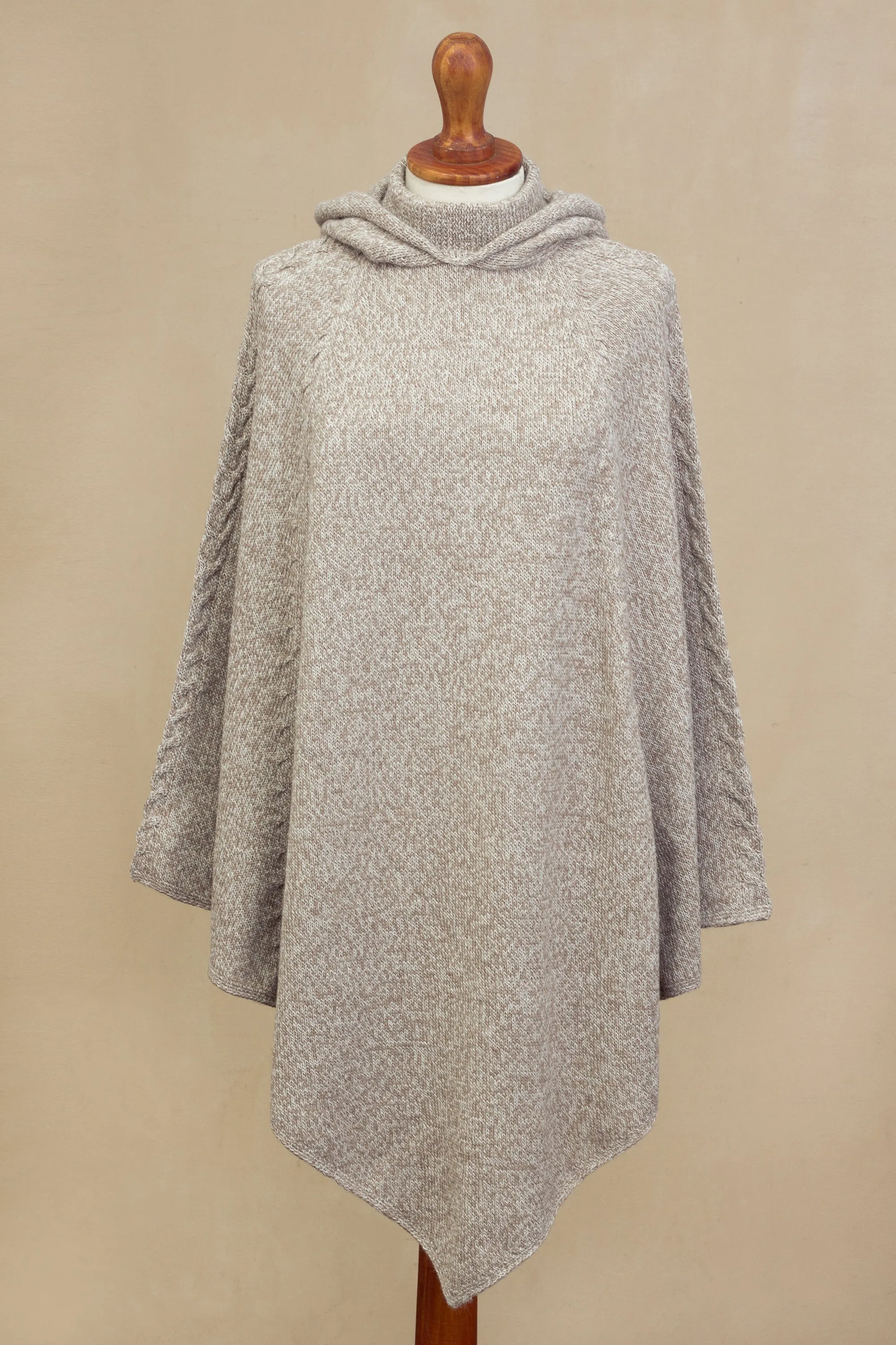 Knit Alpaca Blend Hooded Poncho in Taupe from Peru - Adventurous Style in Taupe | NOVICA