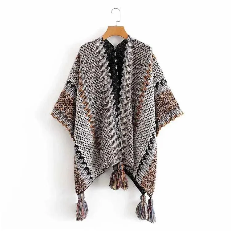 Knitted Poncho Tassel Cloak