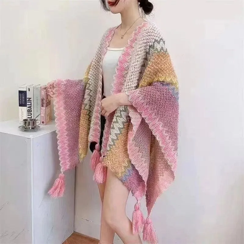 Knitted Poncho Tassel Cloak