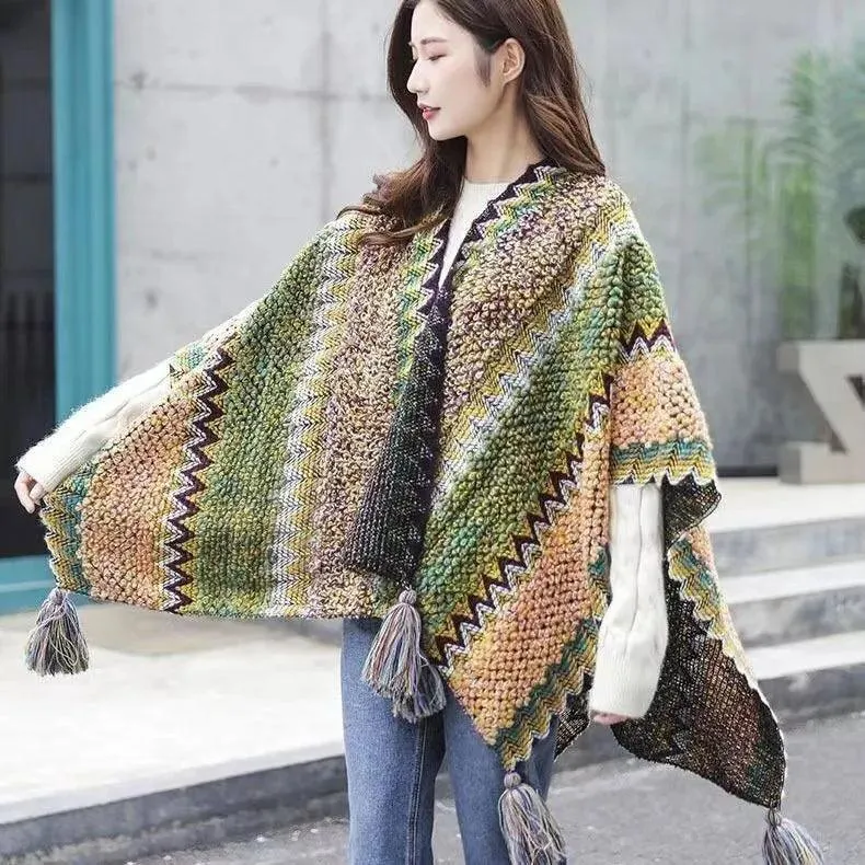 Knitted Poncho Tassel Cloak