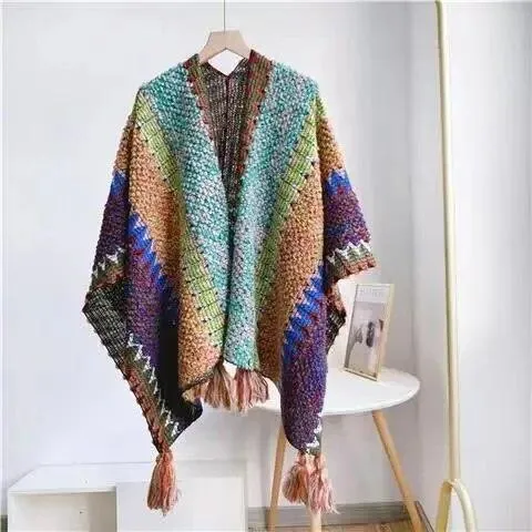 Knitted Poncho Tassel Cloak