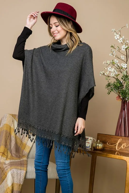 Lace Fringe Poncho Style Top - Black