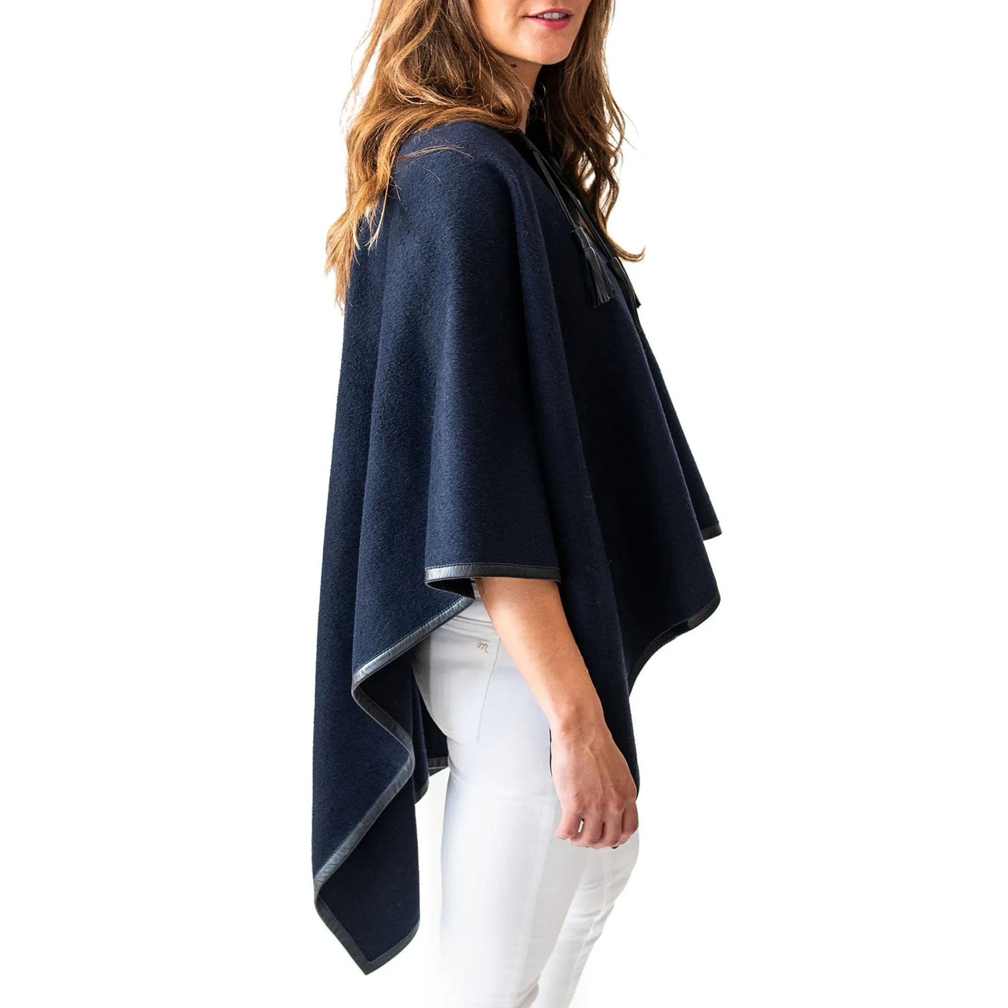 Leather Trim Tassel Alpaca Poncho