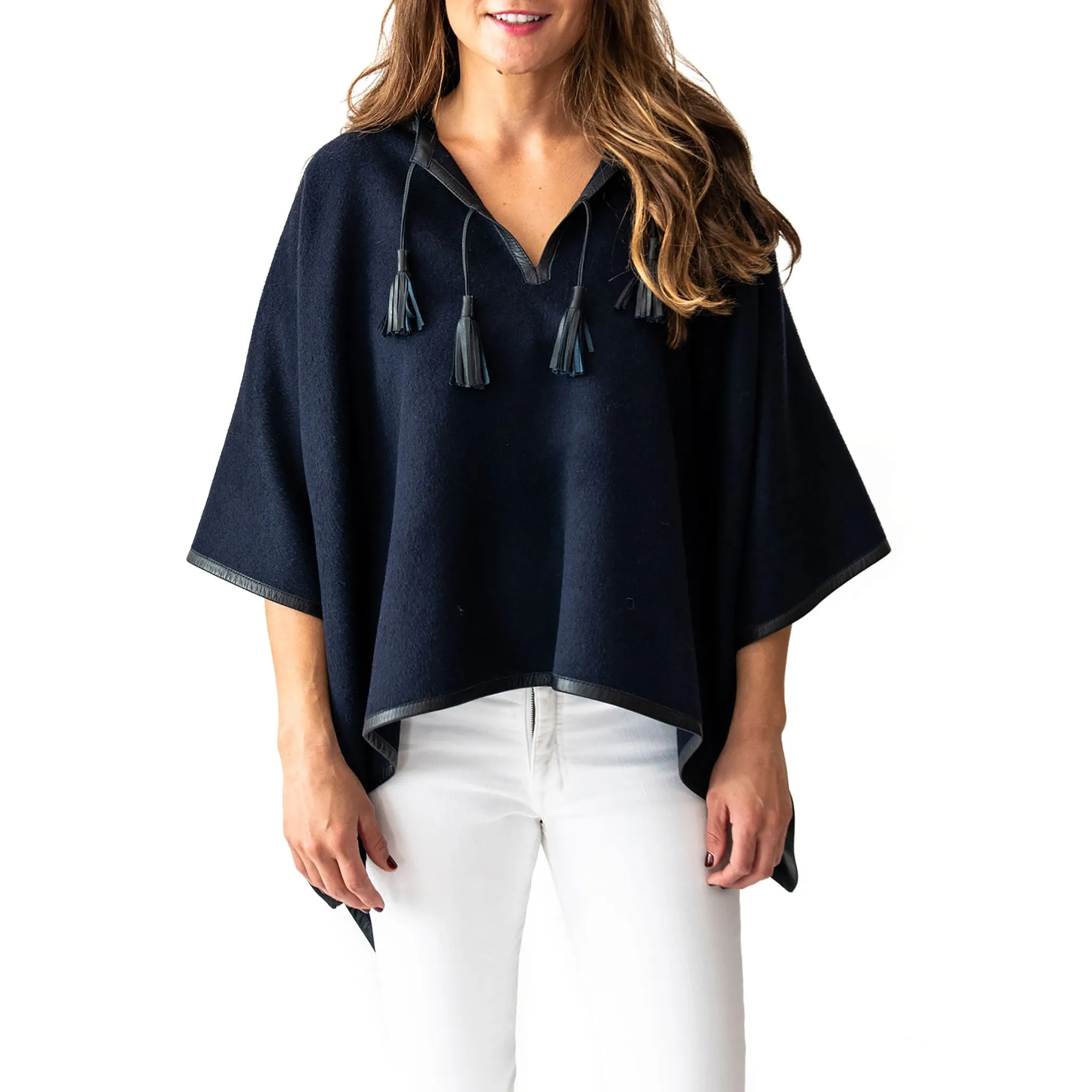 Leather Trim Tassel Alpaca Poncho