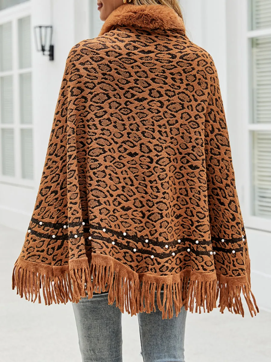 Leopard Faux Fur Beaded Retro Fringe Hem Knit Pullover Poncho