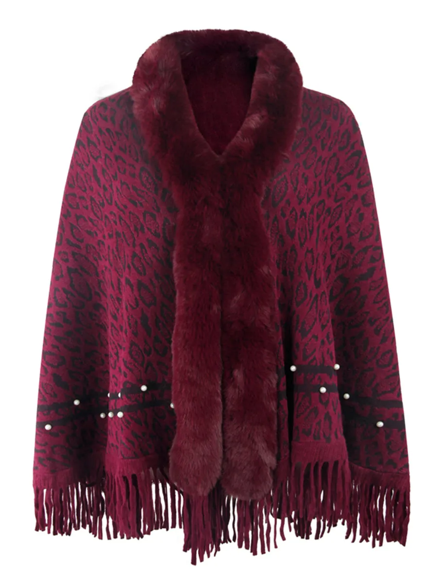 Leopard Faux Fur Beaded Retro Fringe Hem Knit Pullover Poncho