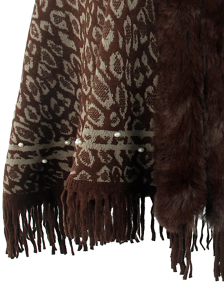 Leopard Faux Fur Beaded Retro Fringe Hem Knit Pullover Poncho