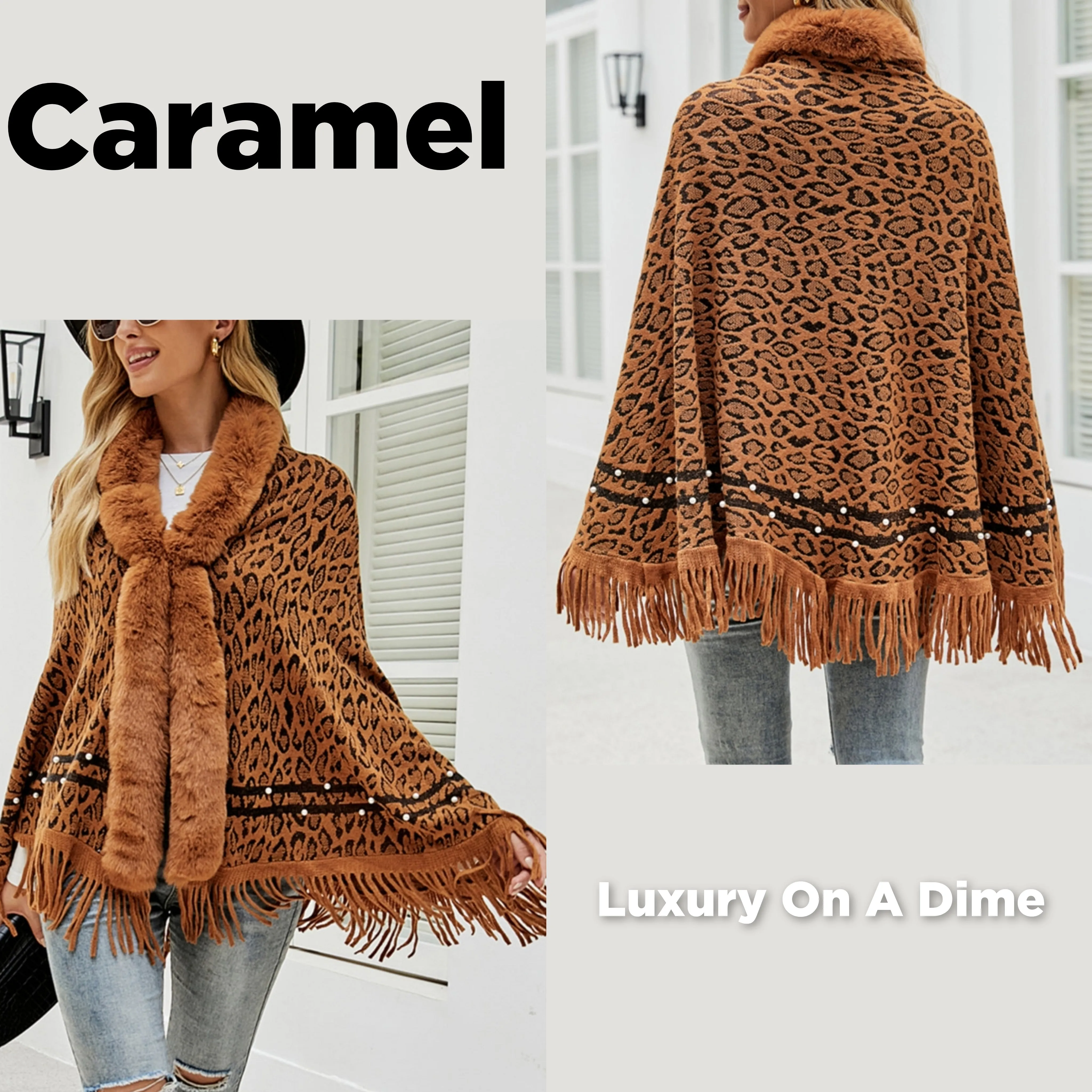 Leopard Faux Fur Beaded Retro Fringe Hem Knit Pullover Poncho