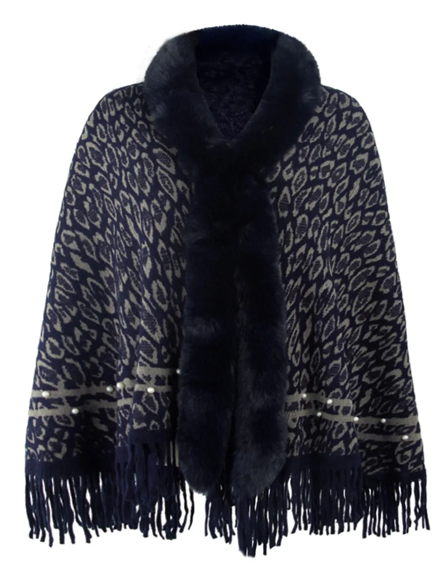 Leopard Faux Fur Beaded Retro Fringe Hem Knit Pullover Poncho