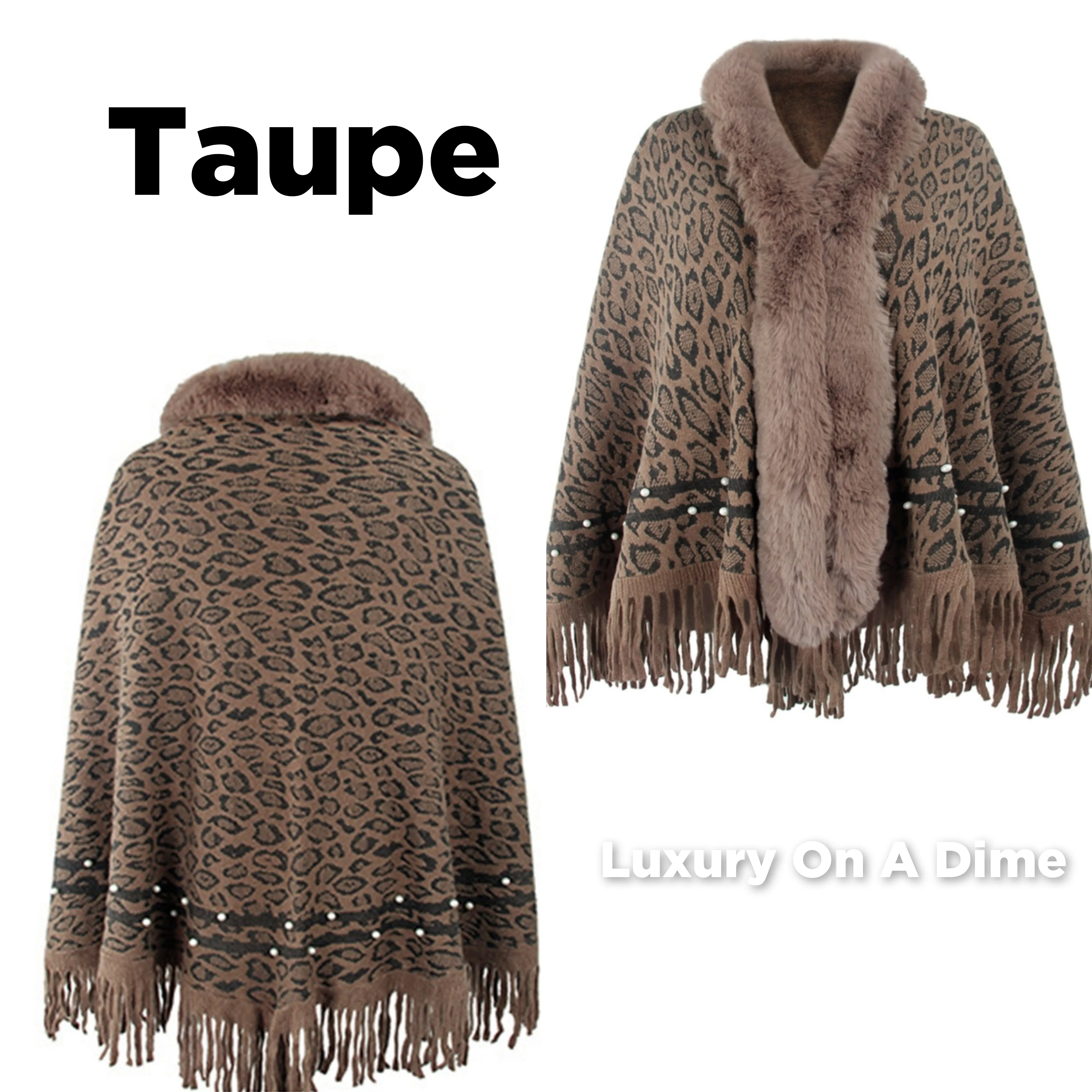 Leopard Faux Fur Beaded Retro Fringe Hem Knit Pullover Poncho