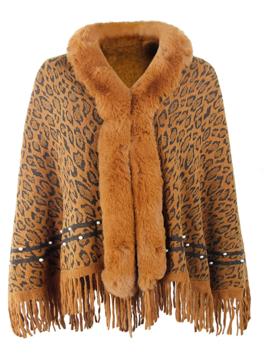 Leopard Faux Fur Beaded Retro Fringe Hem Knit Pullover Poncho