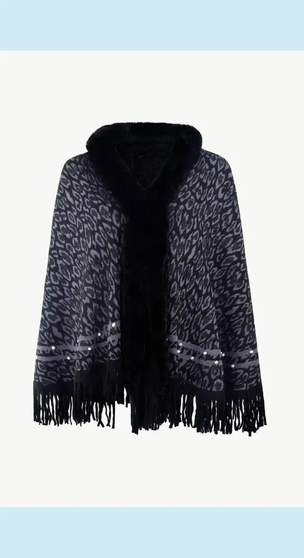 Leopard Fluffy Trim Fringe Hem Poncho Available Now