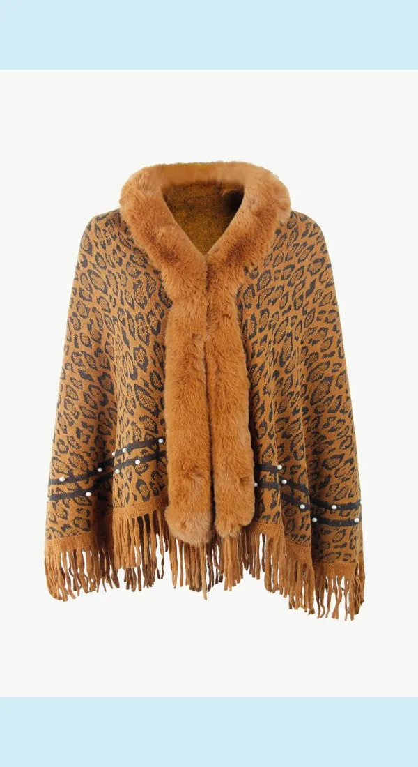 Leopard Fluffy Trim Fringe Hem Poncho Available Now