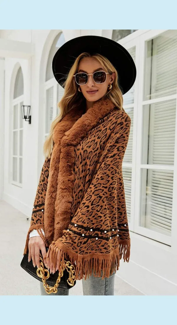 Leopard Fluffy Trim Fringe Hem Poncho Available Now