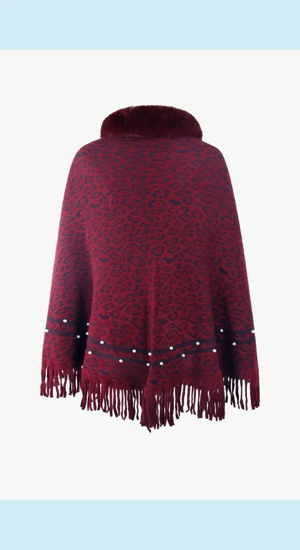 Leopard Fluffy Trim Fringe Hem Poncho Available Now