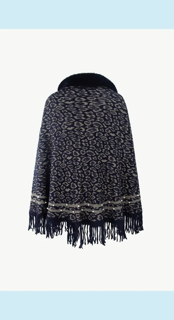 Leopard Fluffy Trim Fringe Hem Poncho Available Now