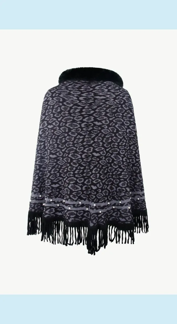 Leopard Fluffy Trim Fringe Hem Poncho Available Now