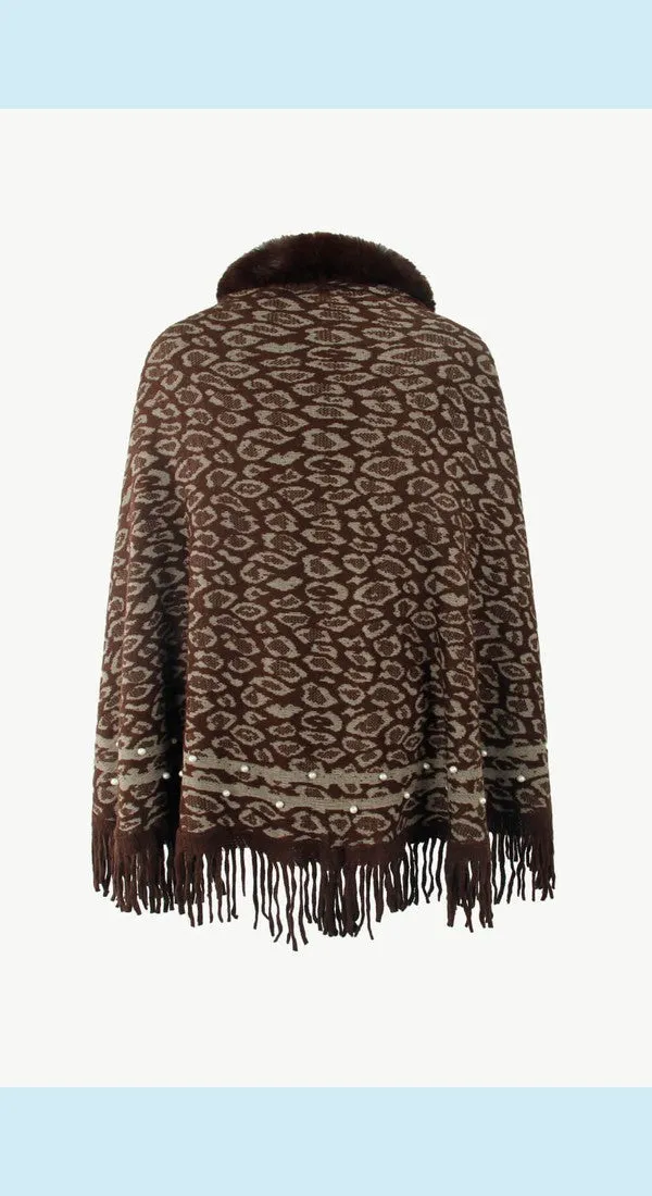 Leopard Fluffy Trim Fringe Hem Poncho Available Now