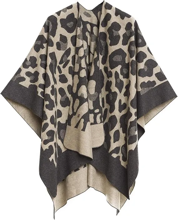 Leopard Gray Luxurious Knit Sweater Poncho Cardigan