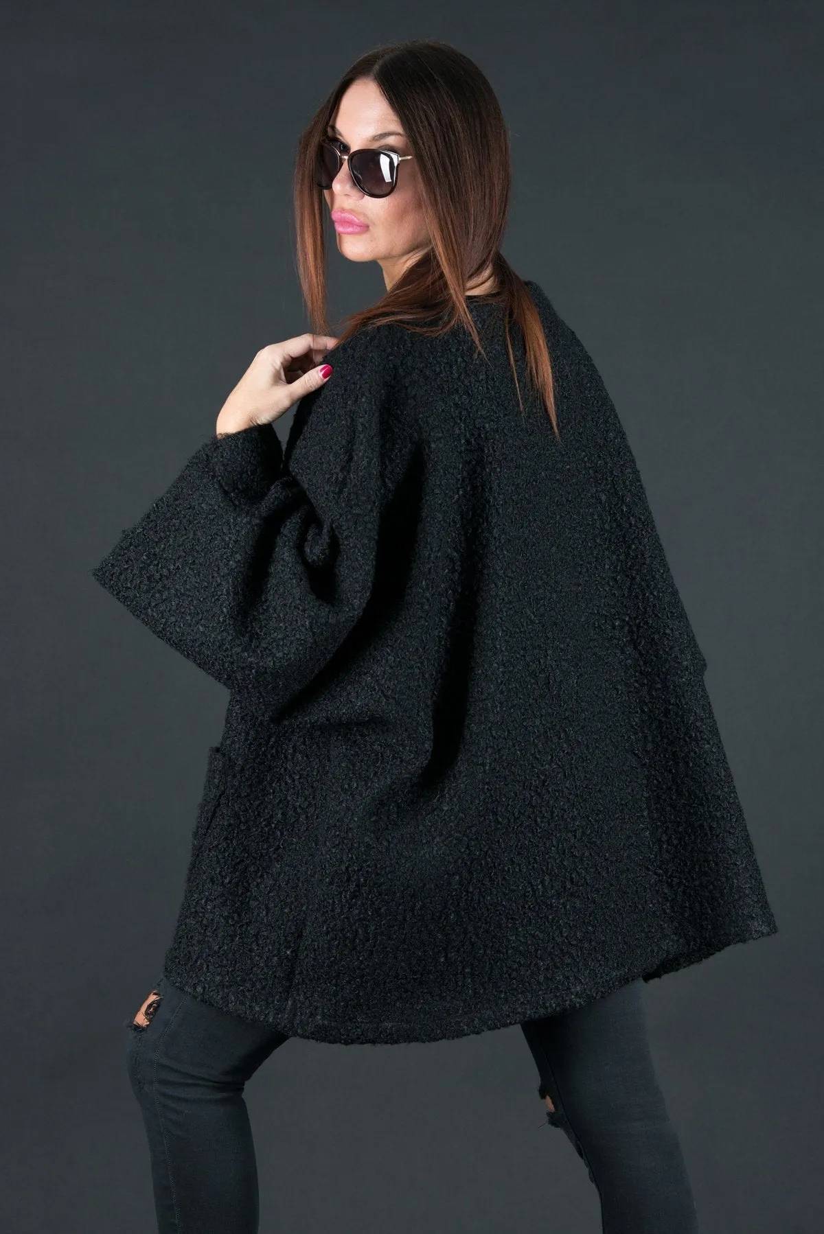 MAGDALENA Black Wool Winter Poncho SALE