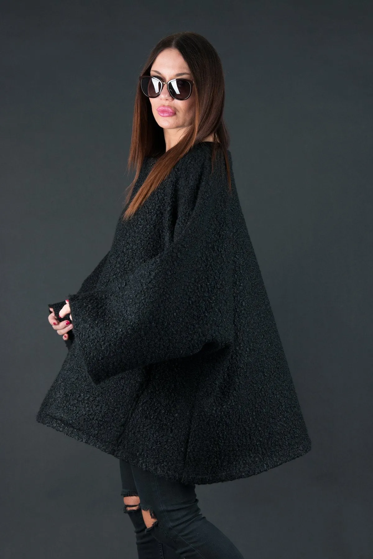 MAGDALENA Black Wool Winter Poncho SALE